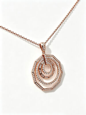 Rose Gold 925 Silver CZ Pendant Geometric Layered Octagon Pave RG 1.5mm Rolo Chain Jewellery Factory White AAA Pave CZ Stones  25mm  Diameter Size 6.40g Total Weight Necklace  4 Layered Circles