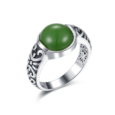 Geschnitzte 925 silberne Runde der Edelstein-Ring-10x10mm formte dunkelgrüne Jade Ring