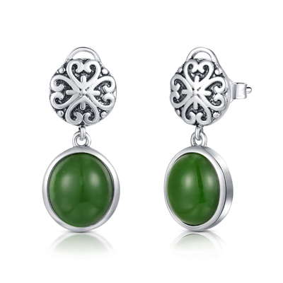 Oval-Grün-Jade 1.54g 925 Sterling Silver Gemstone Earrings 9x10mm