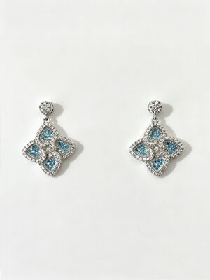 2026 Sommer Silber Ohrringe Sterling CZ Spitzig Glücklich Vierblätterklee Farbenfrohes Aquamarin + Weiß CZ Geeignet für Gelegenheits- und Formalveranstaltungen Dangle Ohrring Haken, Mode Sterling Silber Ohrringe