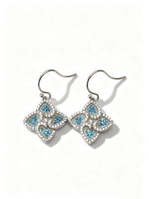 2026 Sommer Silber Ohrringe Sterling CZ Spitzig Glücklich Vierblätterklee Farbenfrohes Aquamarin + Weiß CZ Geeignet für Gelegenheits- und Formalveranstaltungen Dangle Ohrring Haken, Mode Sterling Silber Ohrringe