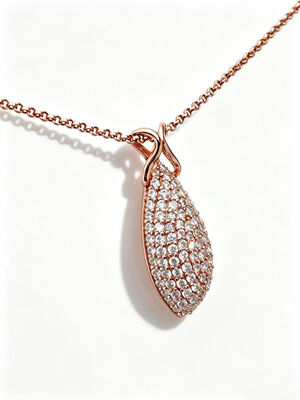 2027 Neue Tropfenanhänger, volle Mikropflastersteine, polierte Silberfassung, elegantes verschlungenes Ösendesign 925 Silber CZ RG 1,5 mm Rolo-Kette Hoher Glanz 29 mm Höhe 5,65 Gramm Roségold